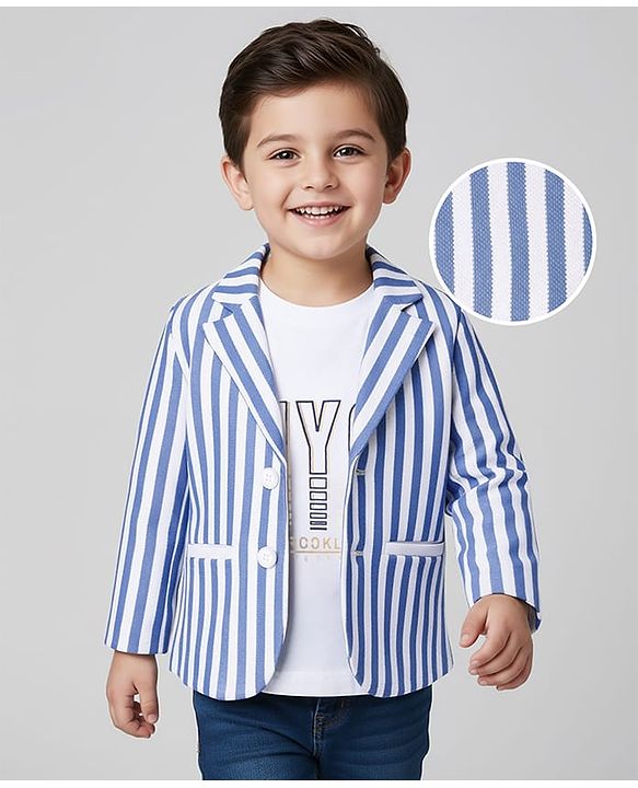 Babyhug Knit Full Sleeves Striped Blazer With NYC Printed T-Shirt - Blue