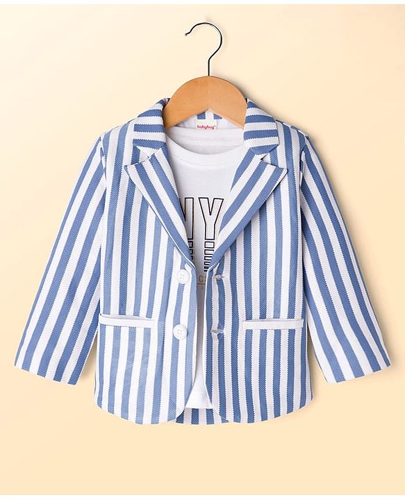 Babyhug Knit Full Sleeves Striped Blazer With NYC Printed T-Shirt - Blue