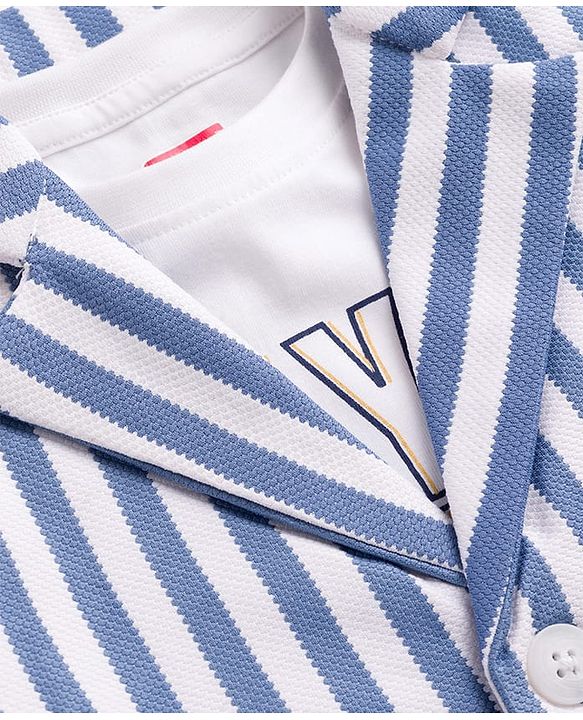Babyhug Knit Full Sleeves Striped Blazer With NYC Printed T-Shirt - Blue