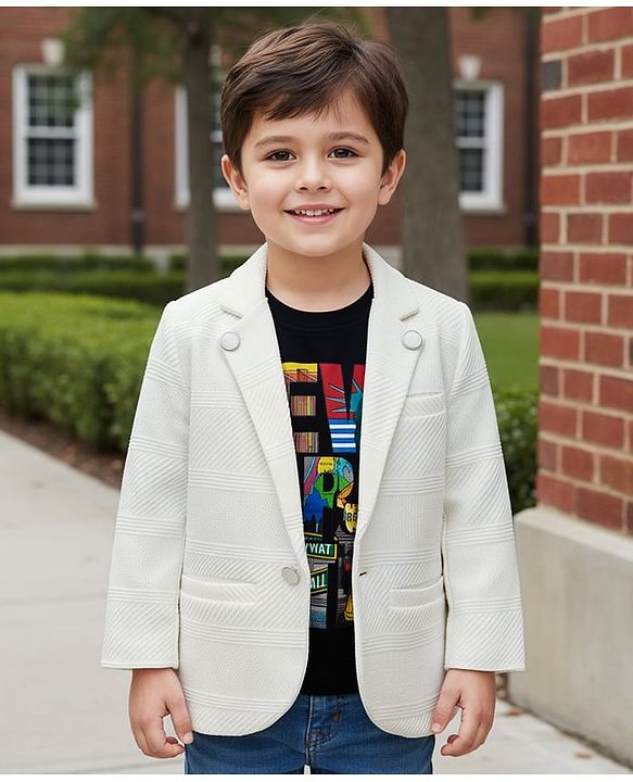 Babyhug Knit Full Sleeves Party Wear Blazer with Graphic Printed T-Shirt - White & Black