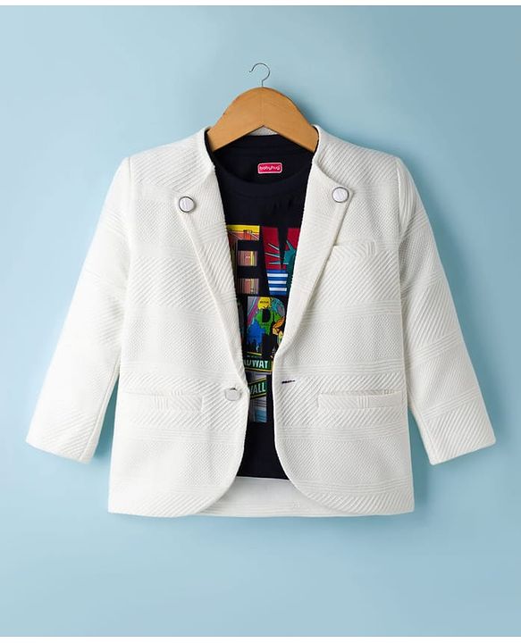 Babyhug Knit Full Sleeves Party Wear Blazer with Graphic Printed T-Shirt - White & Black