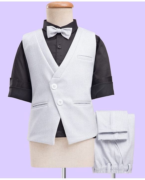 Babyhug Knit Full Sleeves 3 Piece Party Suit With Bow & Textured Print - Grey
