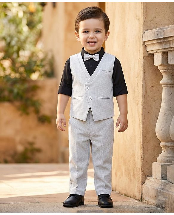 Babyhug Knit Full Sleeves 3 Piece Party Suit With Bow & Textured Print - Grey
