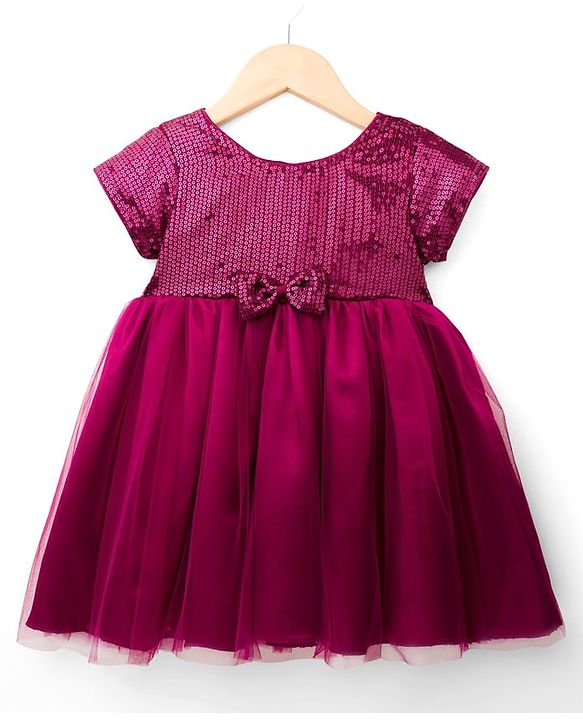 Babyhug Satin Woven Half Sleeves Flared Party Dress with Bow & Sequence Applique - Wine
