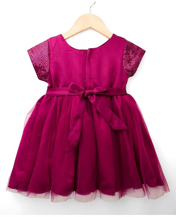 Babyhug Satin Woven Half Sleeves Flared Party Dress with Bow & Sequence Applique - Wine
