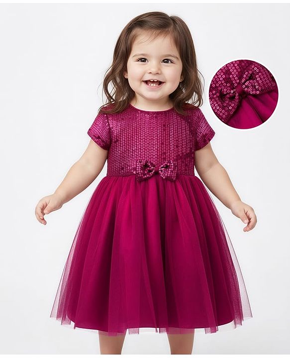 Babyhug Satin Woven Half Sleeves Flared Party Dress with Bow & Sequence Applique - Wine