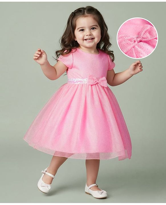 Babyhug Woven Half Sleeves Flare Party Dress with Bow Applique - Pink