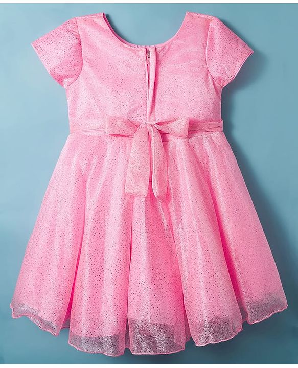Babyhug Woven Half Sleeves Flare Party Dress with Bow Applique - Pink