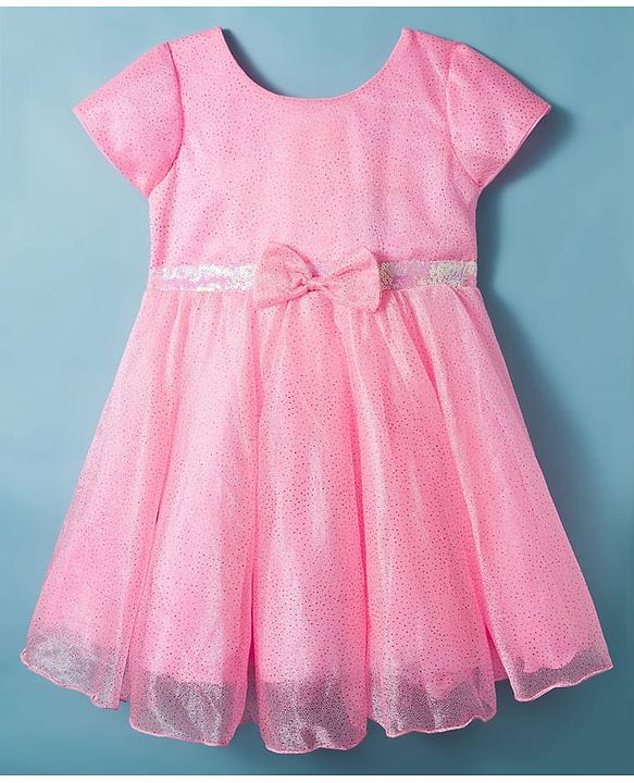 Babyhug Woven Half Sleeves Flare Party Dress with Bow Applique - Pink