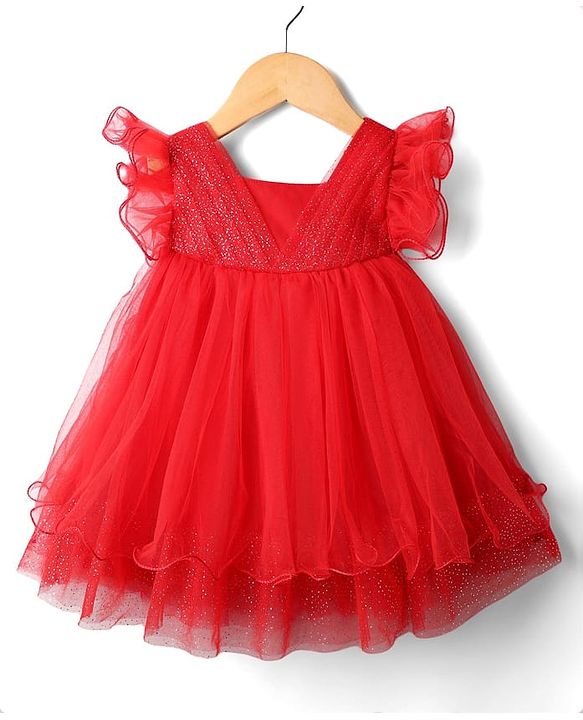 Babyhug Woven Frill Sleeves Mesh Party Dress With Glittered Yoke - Red