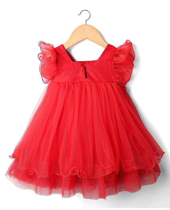 Babyhug Woven Frill Sleeves Mesh Party Dress With Glittered Yoke - Red