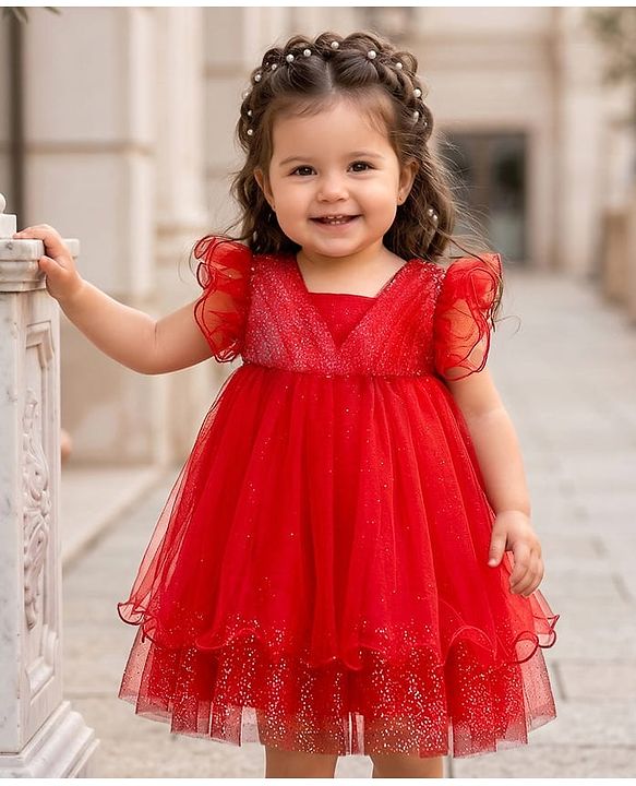 Babyhug Woven Frill Sleeves Mesh Party Dress With Glittered Yoke - Red
