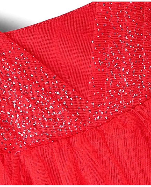 Babyhug Woven Frill Sleeves Mesh Party Dress With Glittered Yoke - Red
