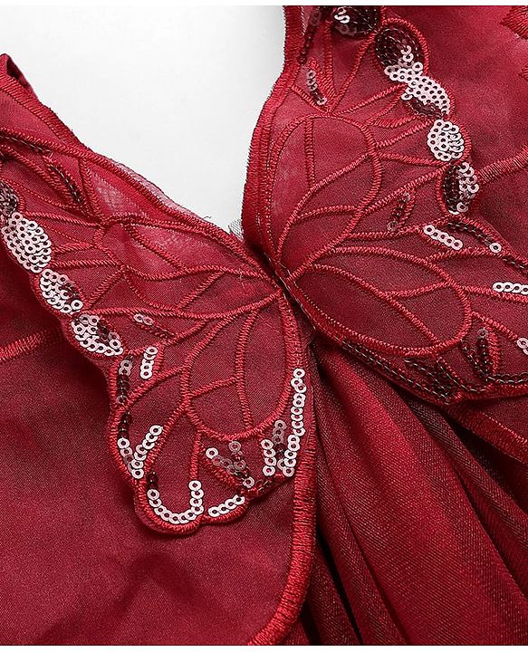 Babyhug Woven Sleeveless Mesh Party Dress With Butterfly Applique - Red