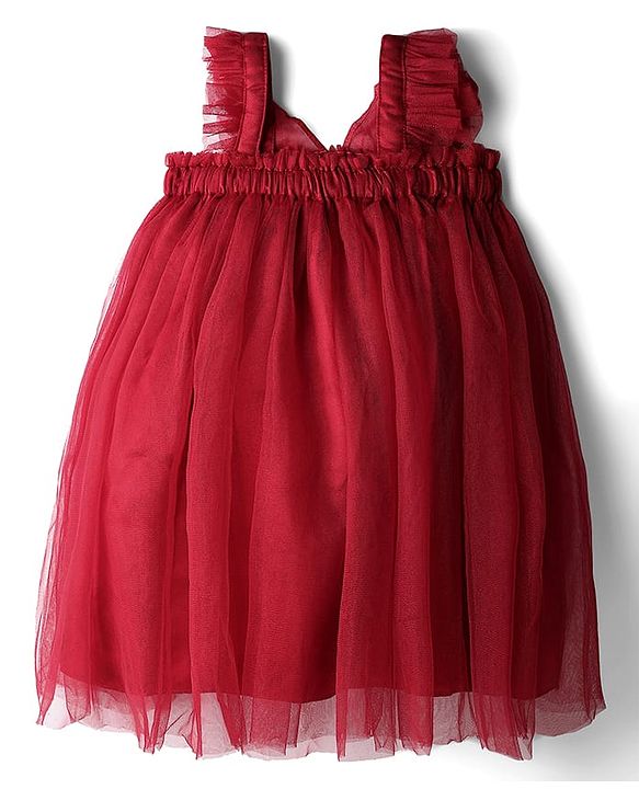 Babyhug Woven Sleeveless Mesh Party Dress With Butterfly Applique - Red