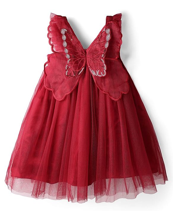 Babyhug Woven Sleeveless Mesh Party Dress With Butterfly Applique - Red