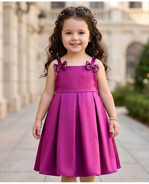 Babyhug Satin Woven Sleeveless Party Dress with Bow Applique - Purple