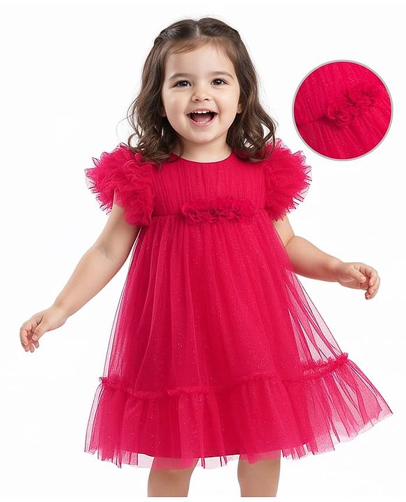 Babyhug Mesh Woven Sleeveless Solid Party Dress With Floral Corsage & Frill Detailing - Red