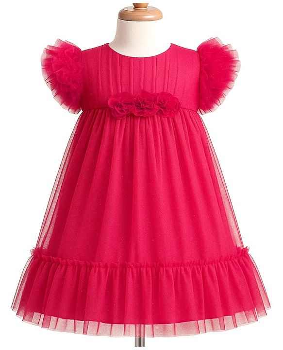 Babyhug Mesh Woven Sleeveless Solid Party Dress With Floral Corsage & Frill Detailing - Red