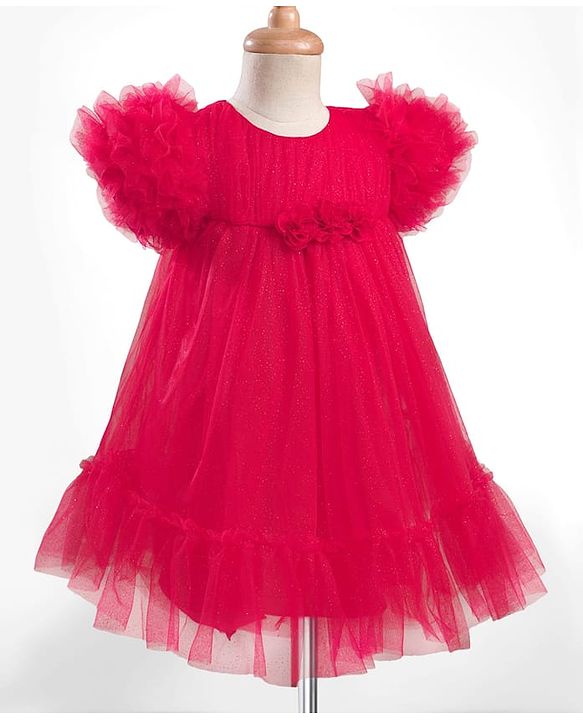 Babyhug Mesh Woven Sleeveless Solid Party Dress With Floral Corsage & Frill Detailing - Red