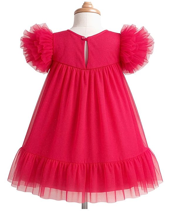 Babyhug Mesh Woven Sleeveless Solid Party Dress With Floral Corsage & Frill Detailing - Red