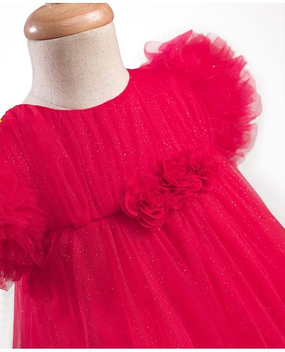 Babyhug Mesh Woven Sleeveless Solid Party Dress With Floral Corsage & Frill Detailing - Red