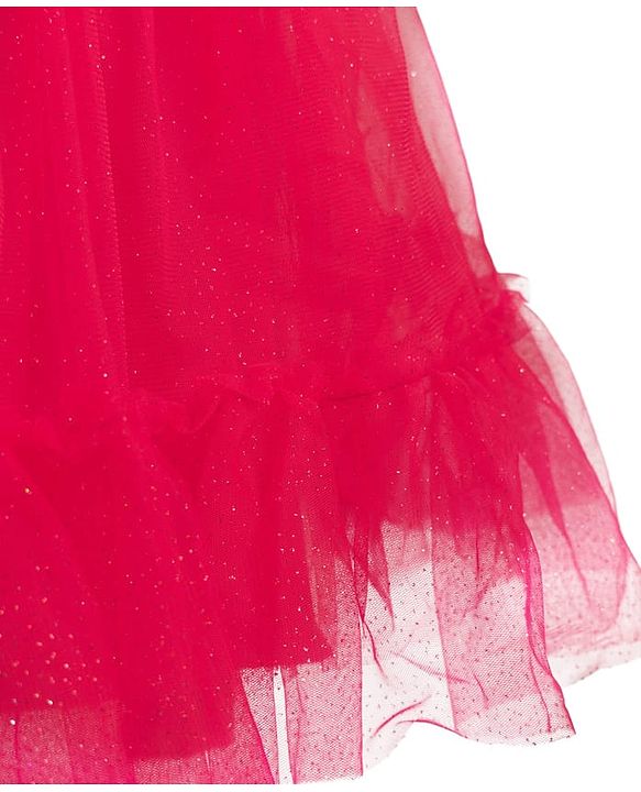 Babyhug Mesh Woven Sleeveless Solid Party Dress With Floral Corsage & Frill Detailing - Red