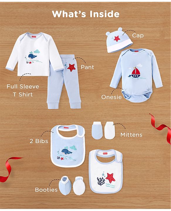 Babyhug Premium 100 % Cotton New Born Clothing Gift Set Sea Breeze Theme Blue - Pack of 8| Full Sleeve Set| Onesie| Cap Bibs Mitten & Booties| Essential Clothing for 0 to 6 months