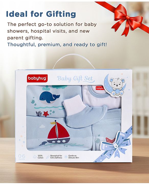Babyhug Premium 100 % Cotton New Born Clothing Gift Set Sea Breeze Theme Blue - Pack of 8| Full Sleeve Set| Onesie| Cap Bibs Mitten & Booties| Essential Clothing for 0 to 6 months