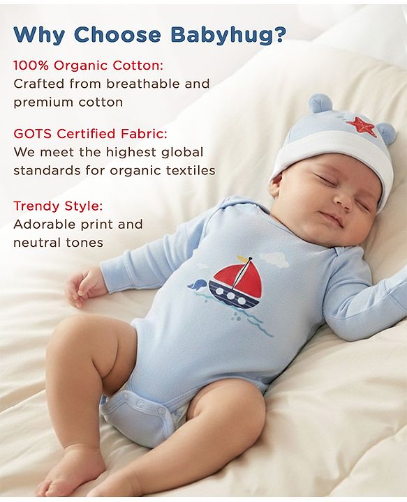 Babyhug Premium 100 % Cotton New Born Clothing Gift Set Sea Breeze Theme Blue - Pack of 8| Full Sleeve Set| Onesie| Cap Bibs Mitten & Booties| Essential Clothing for 0 to 6 months