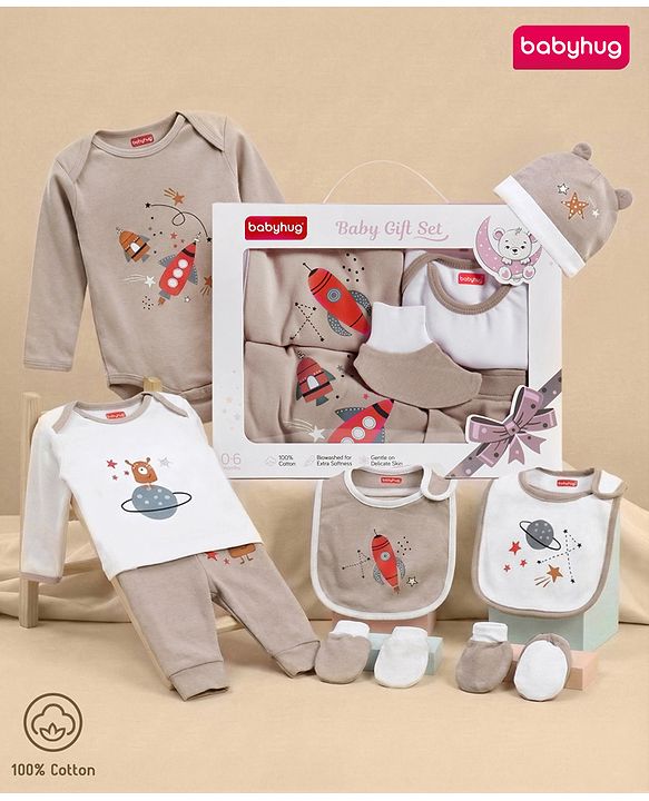 Babyhug Premium 100 % Cotton New Born Clothing Gift Set Sea Breeze Theme Blue - Pack of 8| Full Sleeve Set| Onesie| Cap Bibs Mitten & Booties| Essential Clothing for 0 to 6 months