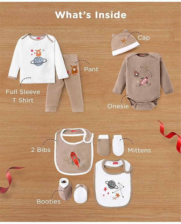 Babyhug Premium 100 % Cotton New Born Clothing Gift Set Sea Breeze Theme Blue - Pack of 8| Full Sleeve Set| Onesie| Cap Bibs Mitten & Booties| Essential Clothing for 0 to 6 months