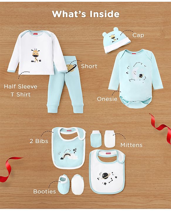 Babyhug Premium 100 % Cotton New Born Clothing Gift Set Sea Breeze Theme Blue - Pack of 8| Full Sleeve Set| Onesie| Cap Bibs Mitten & Booties| Essential Clothing for 0 to 6 months