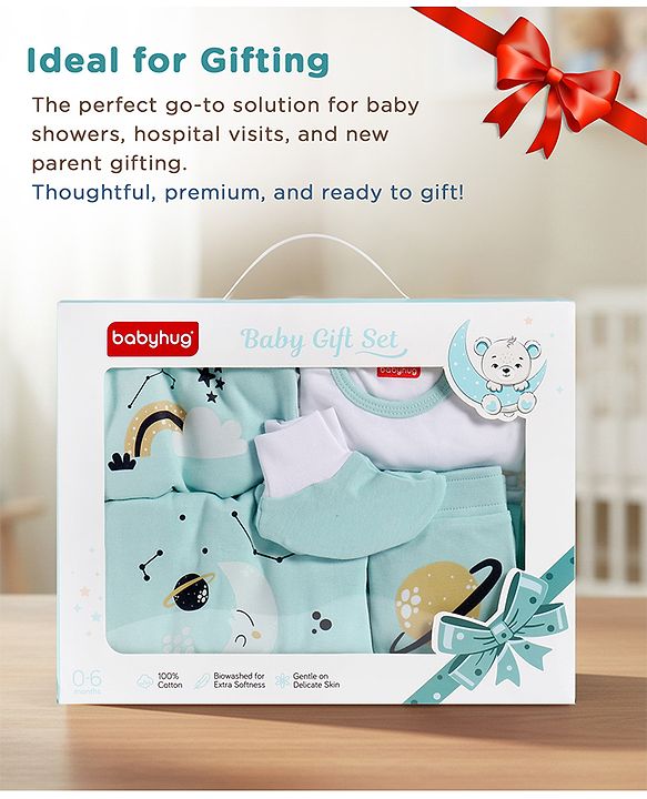 Babyhug Premium 100 % Cotton New Born Clothing Gift Set Sea Breeze Theme Blue - Pack of 8| Full Sleeve Set| Onesie| Cap Bibs Mitten & Booties| Essential Clothing for 0 to 6 months