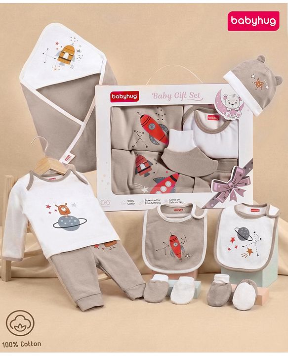 Babyhug Premium 100 % Cotton New Born Clothing Gift Set Astronaut Theme Brown - Pack of 8| Full Sleeve Set| Hooded Wrapper| Cap Bibs Mitten & Booties| Essential Clothing for 0 to 6 months