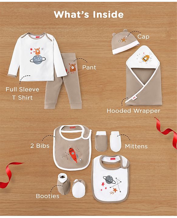 Babyhug Premium 100 % Cotton New Born Clothing Gift Set Astronaut Theme Brown - Pack of 8| Full Sleeve Set| Hooded Wrapper| Cap Bibs Mitten & Booties| Essential Clothing for 0 to 6 months