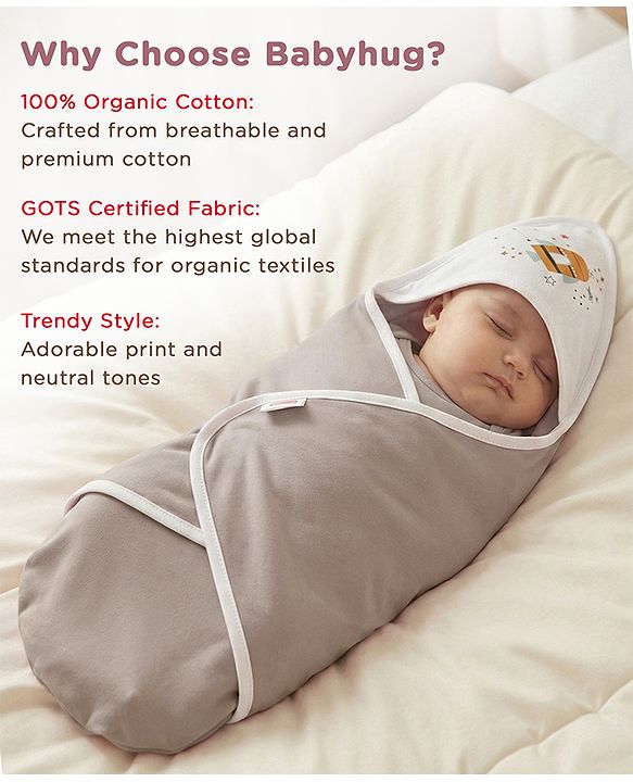 Babyhug Premium 100 % Cotton New Born Clothing Gift Set Astronaut Theme Brown - Pack of 8| Full Sleeve Set| Hooded Wrapper| Cap Bibs Mitten & Booties| Essential Clothing for 0 to 6 months