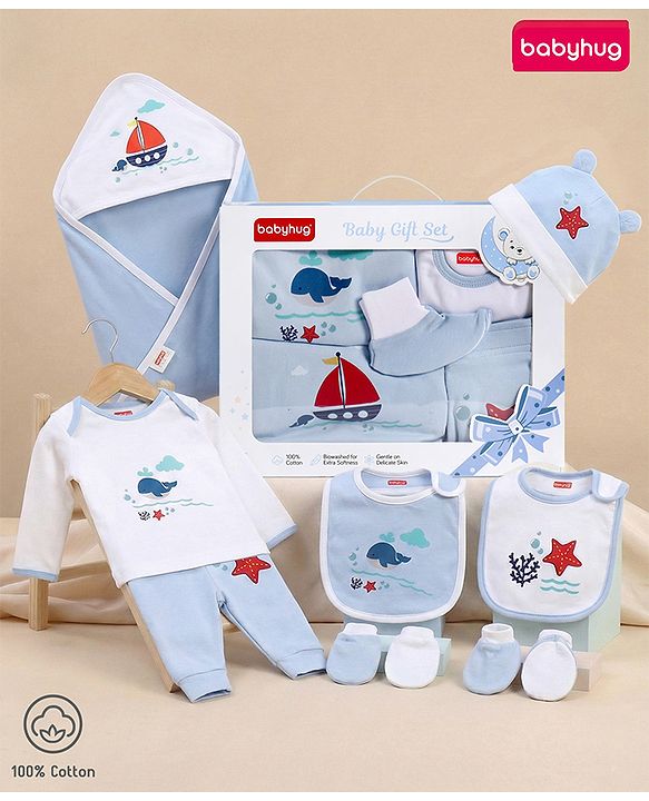 Babyhug Premium 100 % Cotton New Born Clothing Gift Set Astronaut Theme Brown - Pack of 8| Full Sleeve Set| Hooded Wrapper| Cap Bibs Mitten & Booties| Essential Clothing for 0 to 6 months