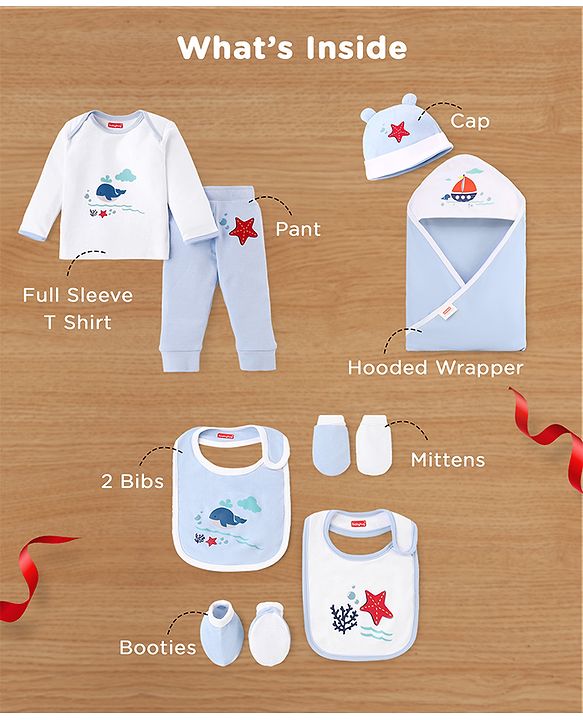 Babyhug Premium 100 % Cotton New Born Clothing Gift Set Astronaut Theme Brown - Pack of 8| Full Sleeve Set| Hooded Wrapper| Cap Bibs Mitten & Booties| Essential Clothing for 0 to 6 months