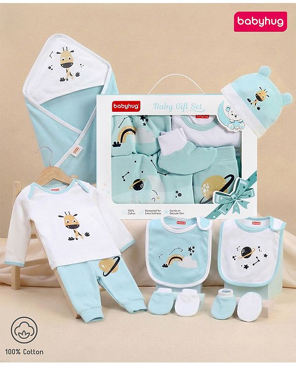 Babyhug Premium 100 % Cotton New Born Clothing Gift Set Astronaut Theme Brown - Pack of 8| Full Sleeve Set| Hooded Wrapper| Cap Bibs Mitten & Booties| Essential Clothing for 0 to 6 months