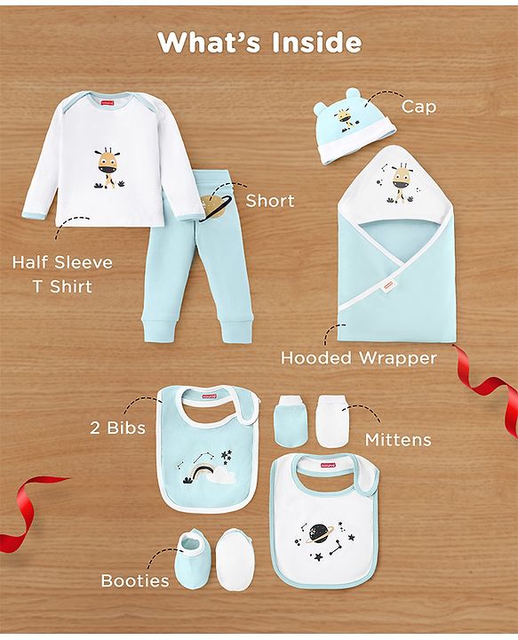 Babyhug Premium 100 % Cotton New Born Clothing Gift Set Astronaut Theme Brown - Pack of 8| Full Sleeve Set| Hooded Wrapper| Cap Bibs Mitten & Booties| Essential Clothing for 0 to 6 months