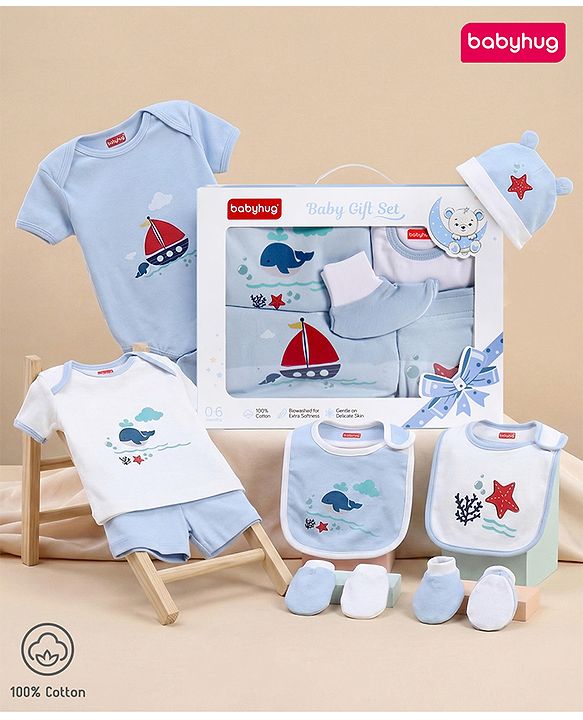Babyhug Premium 100 % Cotton New Born Clothing Gift Set Sea Breeze Theme Blue - Pack of 8| Half Sleeve Set| Onesie| Cap Bibs Mitten & Booties| Essential Clothing for 0 to 6 months