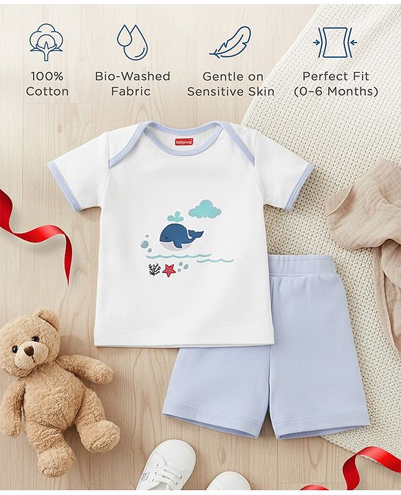 Babyhug Premium 100 % Cotton New Born Clothing Gift Set Sea Breeze Theme Blue - Pack of 8| Half Sleeve Set| Onesie| Cap Bibs Mitten & Booties| Essential Clothing for 0 to 6 months