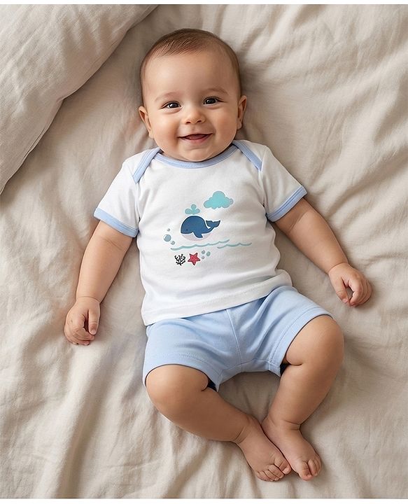 Babyhug Premium 100 % Cotton New Born Clothing Gift Set Sea Breeze Theme Blue - Pack of 8| Half Sleeve Set| Onesie| Cap Bibs Mitten & Booties| Essential Clothing for 0 to 6 months