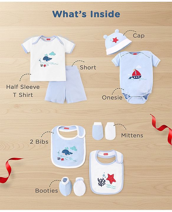 Babyhug Premium 100 % Cotton New Born Clothing Gift Set Sea Breeze Theme Blue - Pack of 8| Half Sleeve Set| Onesie| Cap Bibs Mitten & Booties| Essential Clothing for 0 to 6 months