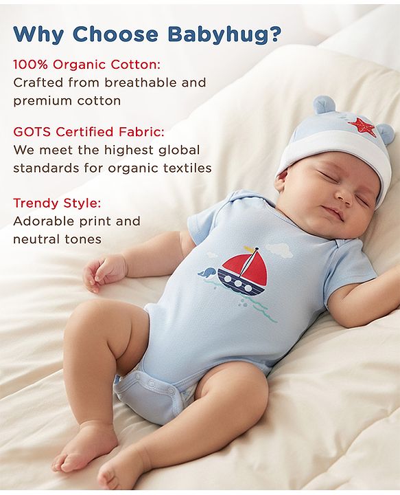 Babyhug Premium 100 % Cotton New Born Clothing Gift Set Sea Breeze Theme Blue - Pack of 8| Half Sleeve Set| Onesie| Cap Bibs Mitten & Booties| Essential Clothing for 0 to 6 months