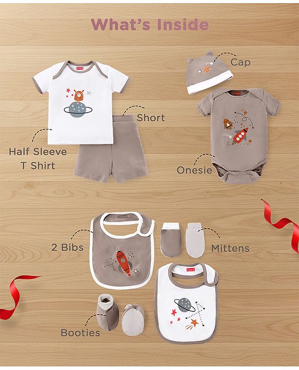 Babyhug Premium 100 % Cotton New Born Clothing Gift Set Sea Breeze Theme Blue - Pack of 8| Half Sleeve Set| Onesie| Cap Bibs Mitten & Booties| Essential Clothing for 0 to 6 months