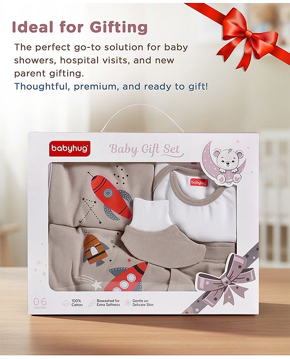 Babyhug Premium 100 % Cotton New Born Clothing Gift Set Sea Breeze Theme Blue - Pack of 8| Half Sleeve Set| Onesie| Cap Bibs Mitten & Booties| Essential Clothing for 0 to 6 months