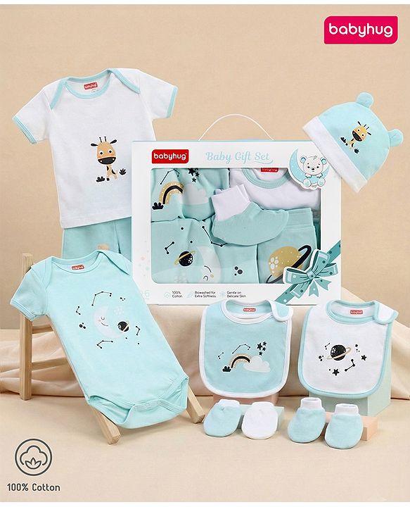 Babyhug Premium 100 % Cotton New Born Clothing Gift Set Sea Breeze Theme Blue - Pack of 8| Half Sleeve Set| Onesie| Cap Bibs Mitten & Booties| Essential Clothing for 0 to 6 months