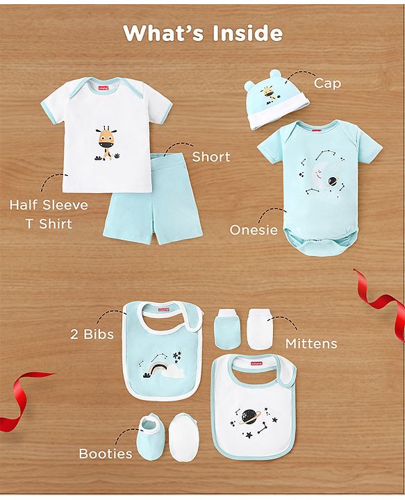 Babyhug Premium 100 % Cotton New Born Clothing Gift Set Sea Breeze Theme Blue - Pack of 8| Half Sleeve Set| Onesie| Cap Bibs Mitten & Booties| Essential Clothing for 0 to 6 months